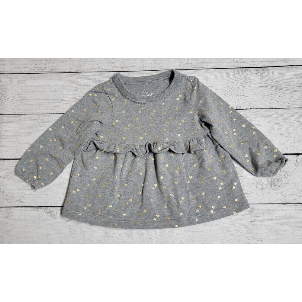 Cat & Jack Long Sleeve Ruffle Top Gray with Gold Hearts Infant Girls Size 6-9M